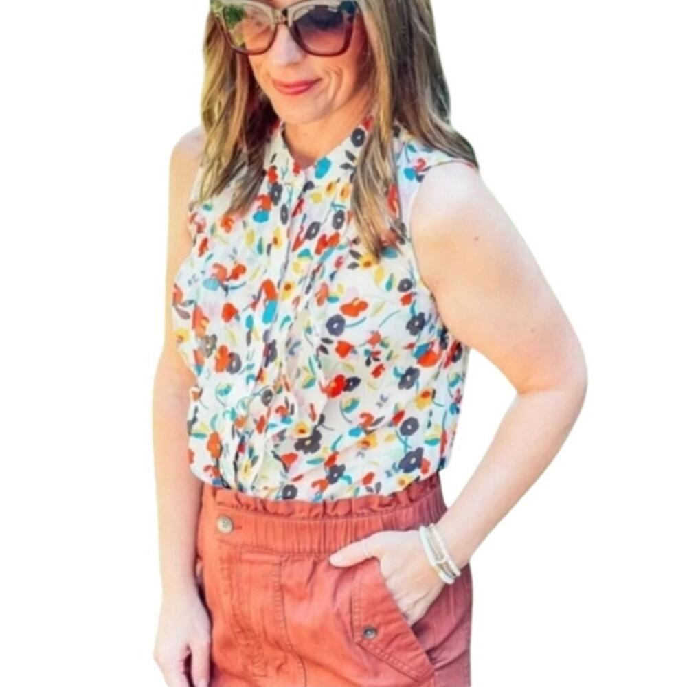 CAbi Tux Ruffle Top Floral  Preppy Brunch Vacation Office Work Casual XXS